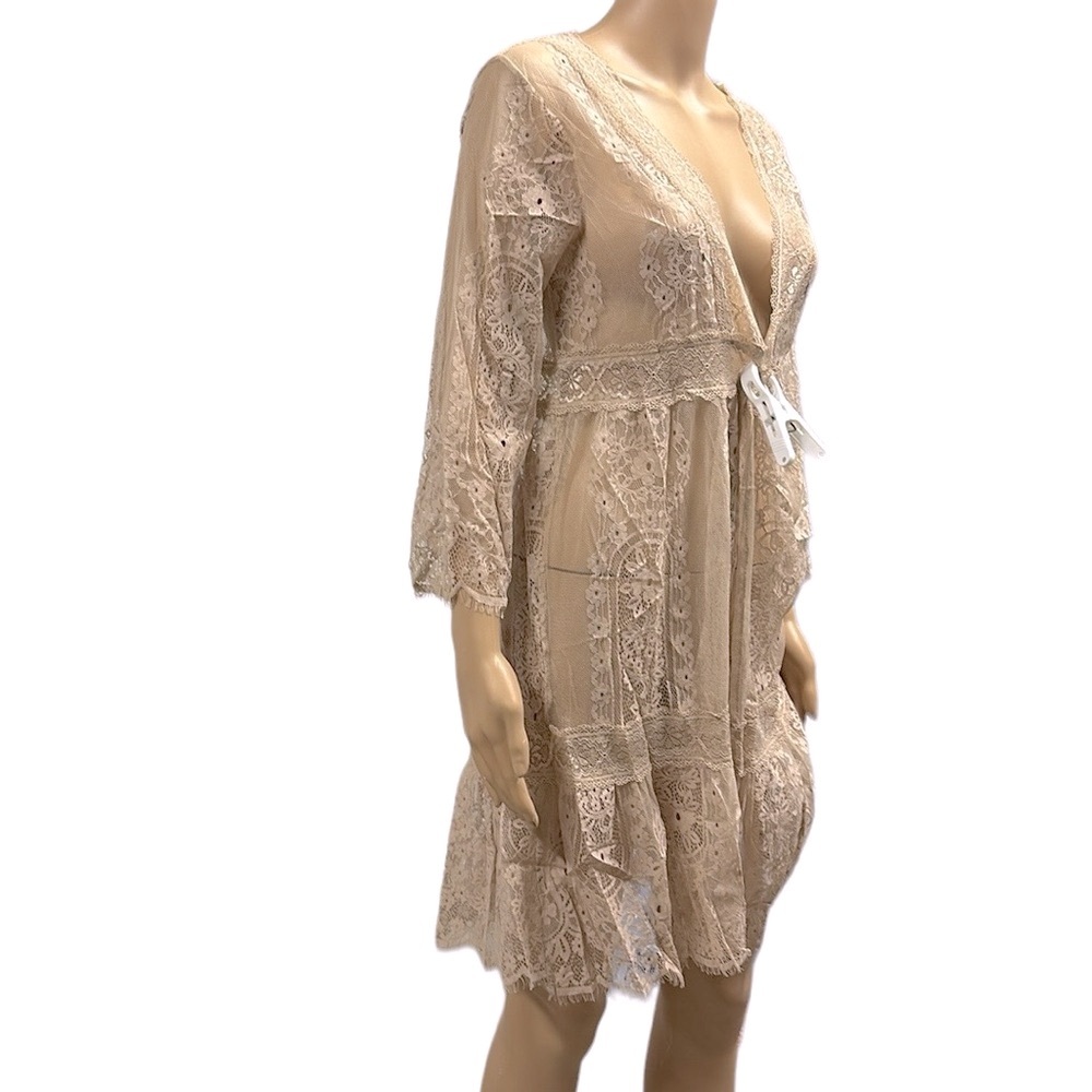 Miss Chievous Tan Lace Sheer Mesh Open Front Kimono Coverups Jacket Medium